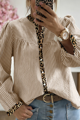 Brown Stripe Leopard Patchwork Long Sleeve Shirt LC2557110-P1719