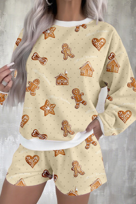 Beige Gingerbread Man Christmas Print Long Sleeve Pullover Lounge Short Set LC151864-P1520