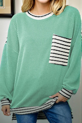 Sea Green Twisted Ribbed Contrast Round Neck Striped Patchwork Long Sleeve Top LC25134437-P409