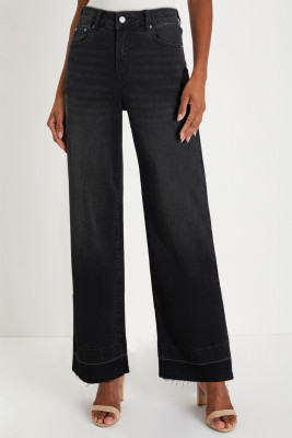 Black Raw Hem Unique Cuffs Straight High Rise Loose Jeans LC7875161-P2