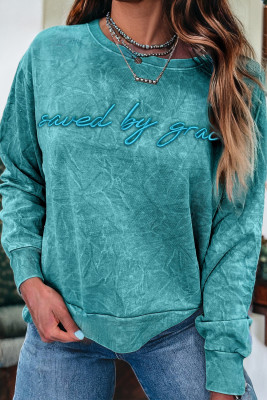 Sea Green saved by grace Letter Embroidery Mineral Wash Loose Sweatshirt LC25319732-P409