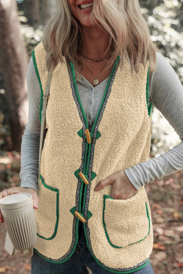 Apricot Sherpa Contrast Trim Patch Pocket Cartridge Toggle Button Vest LC853344-P18