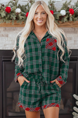 Green Plaid Contrast Patched Christmas Holiday Long Sleeve Shirt and Short 2pcs Pajama Set LC151773-P920