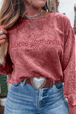 Mineral Red saved by grace Letter Embroidery Mineral Wash Loose Sweatshirt LC25319732-P303