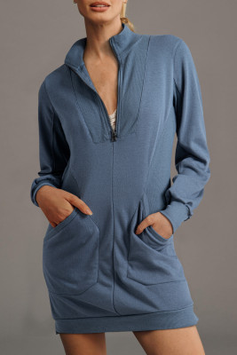 Ivy Zip up Collared Ribbed Patchwork Sweatshirt Dress with Pockets LC6121420-P1104