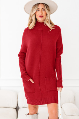 Fiery Red Ribbed High Neck Front Pockets Center Seam Shift Sweater Dress LC273898-P3