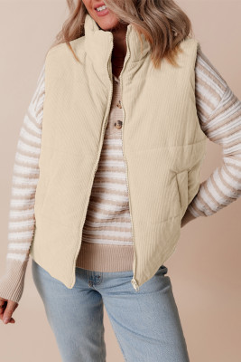 Beige Corduroy Stand Neck Zipped Puffer Vest LC856209-P15