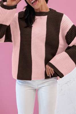 Fushia Striped Color Block Thermal Textured Knit Drop Shoulder Sweater LC2727853-P1410