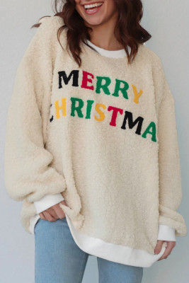 White MERRY CHRISTMAS Multicolor Embroidered Sherpa Pullover Sweatshirt LC25320398-P101