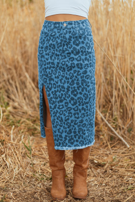 Sky Blue Leopard Denim Frayed Split Denim Midi Skirt LC7811212-P420