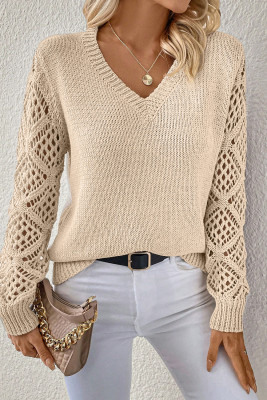 Jet Stream Solid V Neck Pointelle Knit Sleeve Patchwork Sweater LC2727840-P2015