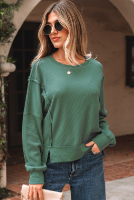 Evergreen Solid Color Raw Seam Patchwork Textured Drop Shoulder Sweatshirt LC25320153-P2509
