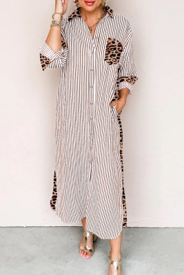 Brown Stripe Contrast Leopard Patchwork Long Shirt Dress with Slits LC6126429-P1719