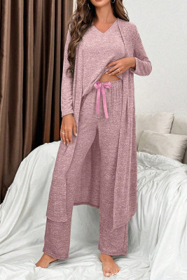 Delicacy 3pcs V Neck T Shirt Ribbon Knot Pants Open Duster 3pcs Lounge Set LC151909-P1210