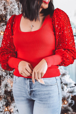 Fiery Red Sequin Sleeve Patchwork Ribbing Knit Square Neck Holiday Sweater LC2727600-P3