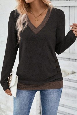 Chicory Coffee Color Block Trim V Neck Button Decor Long Sleeve Top LC25230013-P7017