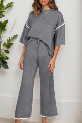 Medium Grey Contrast Trim Half Sleeve Top Drawstring Pants Loose 2pcs Sweater Suit LC273557-P3011