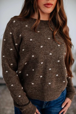 Coffee Dotted Print Ribbed Edge Knit Sweater LC2727998-P1017