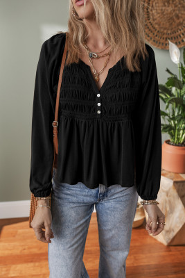 Black Smocked Bust Buttoned Split V Neck Flow Fit Blouse LC25132844-P2