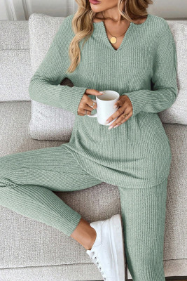 Grass Green Ribbed Notched Neck Knit Long Sleeve Leggings Two Pieces Lounge Set LC151908-P1109