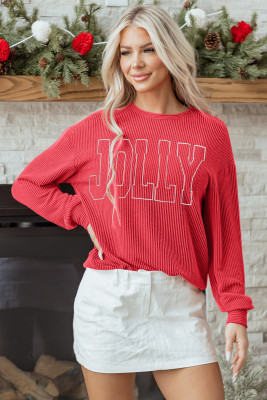Racing Red Twisted Rib Outlined Merry Letter Graphic Loose Long Sleeve Top LC25133548-P603