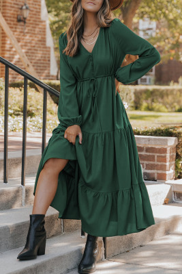 Blackish Green Solid Long Sleeve Button V Neck Tiered Maxi Dress LC6118335-P309