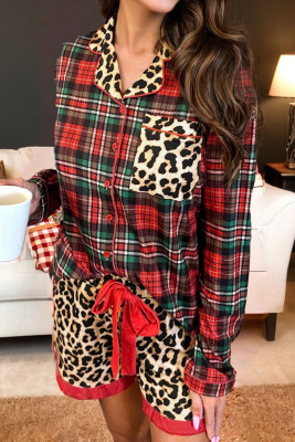 Racing Red Retro Plaid Leopard Print Patchwork Long Sleeve Shorts Pajama Set LC628445-P603