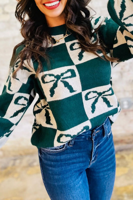 Blackish Green Checkered Bow Print Casual Sweater LC2726755-P309