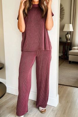 Burgundy Twisted Ribbed High Neck Loose Tee Elastic High Waist Loose Pant Set LC628364-P503