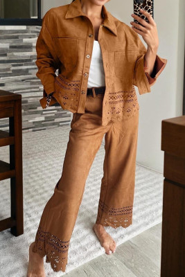 Thai Curry Solid Color Faux Suede Hollowed Detail Retro Style Jacket LC8513895-P1717