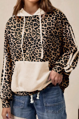 Leopard Print Waffle Contrast Kangaroo Pocket Hooded Sweatshirt LC25320179-P7016