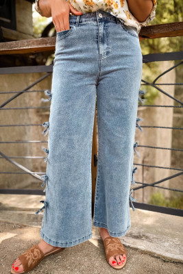 Beau Blue Bow Knot Side Detail Straight Leg Loose Jeans LC7875984-P804