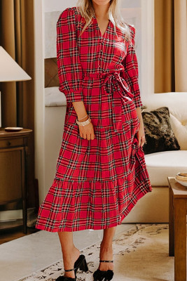 Red Christmas Plaid V Neck 3/4 Sleeve Tie Waist Ruffle Hem Long Dress LC6126618-P10320