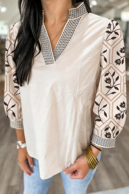 White Floral Puff Sleeve Contrast V Neck Patchwork Blouse LC25135052-P101