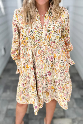 Yellow Floral Print Frilly Trim Smocked Cuff Long Sleeve Loose Shirt Dress LC6126480-P720