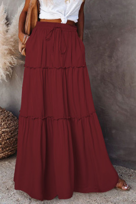 Fiery Red Black Frill Tiered Drawstring Waist Maxi Skirt LC721189-3
