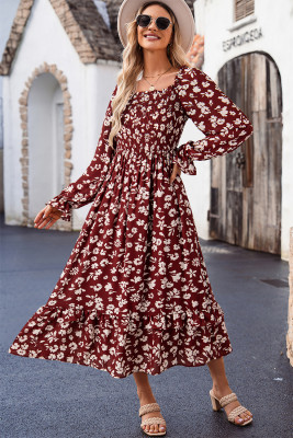Red Floral Print Long Sleeve Square Neck Smocked Maxi Dress LC6121289-P320