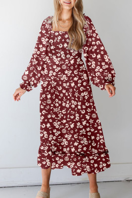 Red Floral Print Long Sleeve Square Neck Smocked Maxi Dress LC6121289-P320