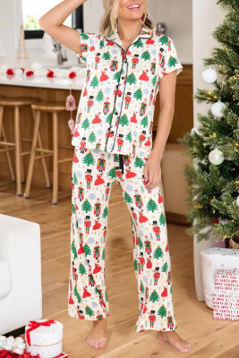 White Printed Christmas Pattern Buttoned Two Piece Sleepwear LC15759-P120
