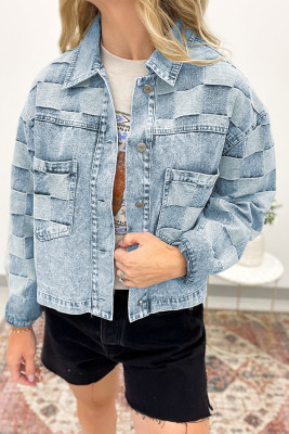 Beau Blue Denim Checkered Pattern Patchwork Womens Casual Jacket LC788865-P804