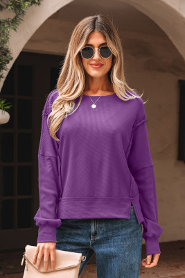 Orchid Mist Solid Color Raw Seam Patchwork Ribbed Drop Shoulder Sweatshirt LC25320153-P1308