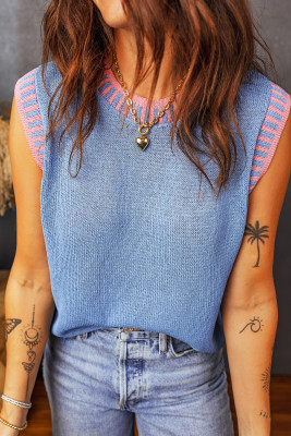 Sky Blue Contrast Trim Round Neck Sleeveless Sweater LC2761045-P304