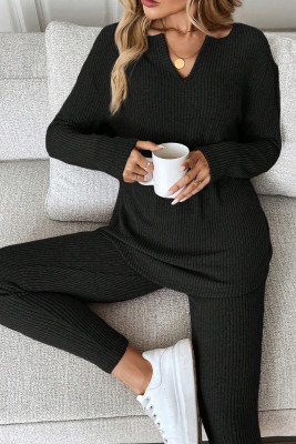Black Ribbed Notched Neck Knit Long Sleeve Leggings Two Pieces Lounge Set LC151908-P2