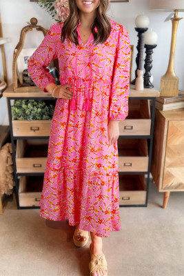 Pink Floral Long Sleeve Tassel Tied V Neck Maxi Dress LC6126003-P1020
