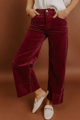 Burgundy Corduroy Solid Color High Waist Wide Leg Pants LC7714097-P503
