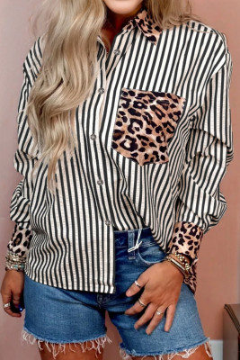Black Striped Leopard Print Patchwork Button Up Womens Shirt LC2556869-P2