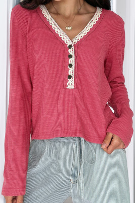 Racing Red Ribbed Texture Contrasted Lace Trim Button V Neck Long Sleeve Top LC25134788-P603