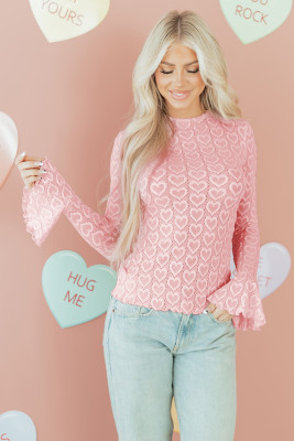 Gossamer Pink Heart Jacquard Flare Sleeve Mock Neck Fitted Top LC25229612-P1710