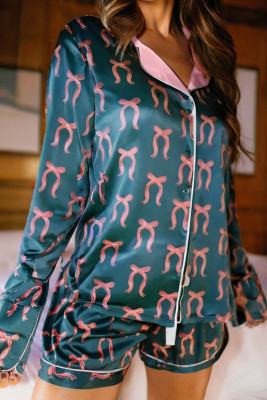 Green Ribbon Bow Print Silky Long Sleeve Shirt and Shorts 2pcs Pajama Set LC151679-P920