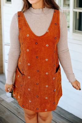 Gold Flame Flower Embroidered Corduroy Overall Mini Dress LC6126758-P5014